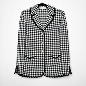 St. John Collection Plaid Knit Scalloped Blazer Jacket Black White Size US 8